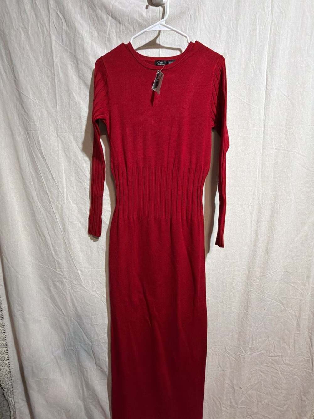 NWT Cami International Red Silk Blend Ribbed Knit Long Sleeve Midi Sweater Dress